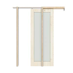 36 in. x 80 in. 1-Lite Frosted Glass Solid Core Pine Wood Unfinished Pocket Sliding Door with Pocket Door Hardware