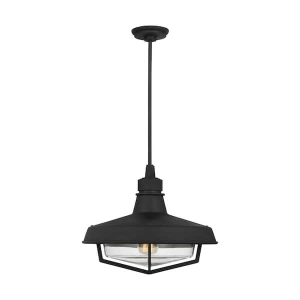 Generation Lighting Hollis 16.5 in. W x 13.375 in. H 1-Light Textured Black Dimmable Outdoor Pendant Light with Clear Glass Shade