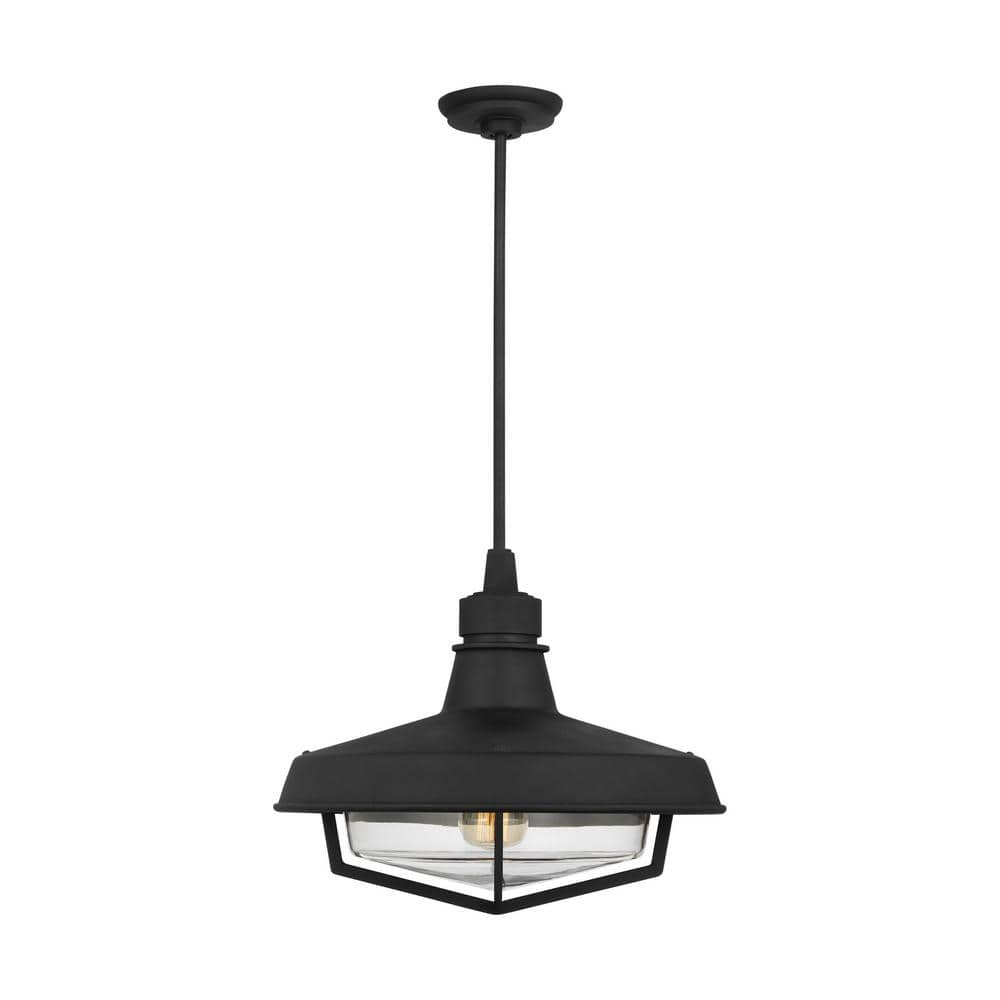 Generation Lighting Hollis 16.5 in. W x 13.375 in. H 1-Light Textured Black Dimmable Outdoor Pendant Light with Clear Glass Shade