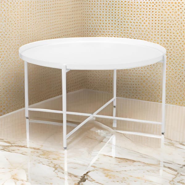 Benjara Ely 33 in. White Round Metal Coffee Table with Round Top and Cross Base