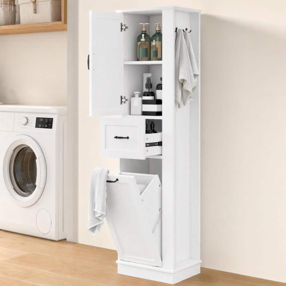 20.3 in.W x 13.8 in.D x 67.8 in.H White MDF Bathroom Linen Cabinet with Adjustable Shelves and Tilt-Out Basket