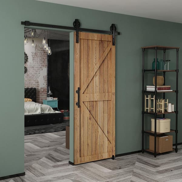 6 ft./72 in. Black Steel Bent Strap Sliding Barn Door Track and Hardware Kit with 12 in. Cylinder Handle and Floor Guide