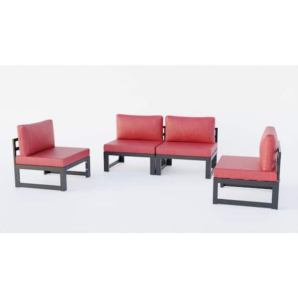 Leisuremod Chelsea 4-Piece Aluminum Outdoor Patio Sectional with Red Cushions