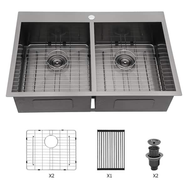 JimsMaison 33 in. Drop-in Double Bowl Gunmetal Black Stainless Steel Kitchen Sink With Sink Grid