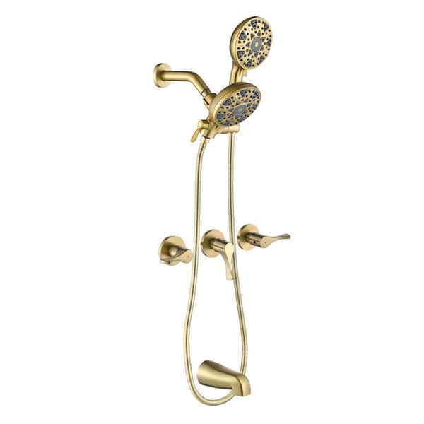 Triple Handle 6-Spray Dual Head Tub and Shower Faucet 2.5 GPM Tub Faucet with Hand Shower in Brushed Gold Valve Included