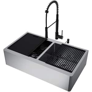 Oxford 36" Double Bowl Workstation Undermount Stainless Steel Farmhouse Sink with Ledge and Faucet in Matte Black