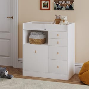 White 5-Drawers 33.5 in. Width Dresser, Kids Low Dresser, Changing Table with Shelf