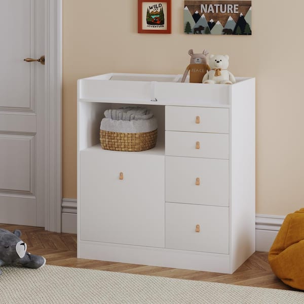 FUFU&GAGA White 5-Drawers 33.5 in. Width Dresser, Kids Low Dresser, Changing Table with Shelf