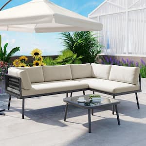 3-Piece Black Metal All Weather Patio Conversation Set with Beige Cushions, Glass Table