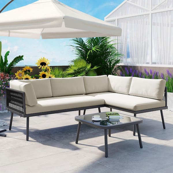 Tenleaf 3-Piece Black Metal All Weather Patio Conversation Set with Beige Cushions, Glass Table