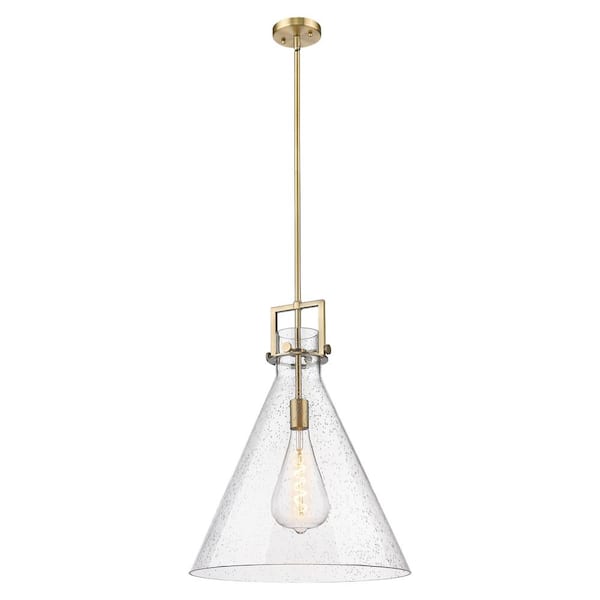 Newton Cone 100-Watt 1-Light Brushed Brass Shaded Mini Pendant Light with Seeded Glass Shade