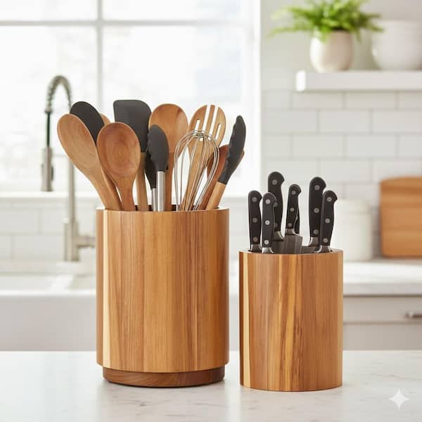 Natural Wood Utensil Holder Kitchen Countertop Organizer 360° Rotating Farmhouse Crock Space Saving Design