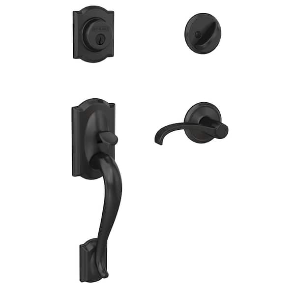 Schlage Custom Camelot Matte Black Single Cylinder Door Handleset with Whitney Door Handle and Alden Trim