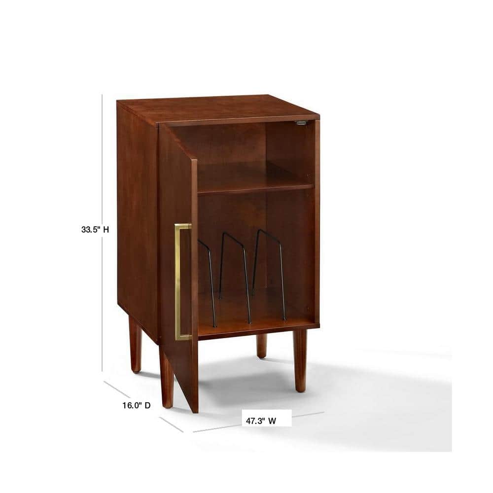 Mid-Century Brown Wood Record Player Cabinet with Gold Accents