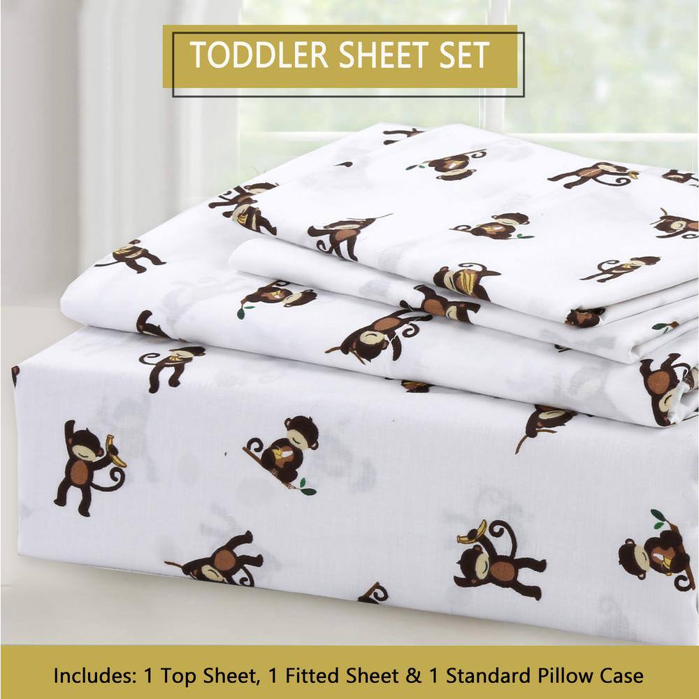 Monkey Print White Cotton Toddler Sheet Set, 3-Piece
