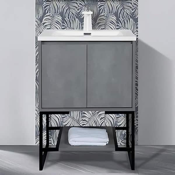 Abruzzo Allen 24 in. Freestanding Grey Bath Vanity Open-Shelf Bathroom Storage Vanity Cabinet with Glossy White Resin Top Basin