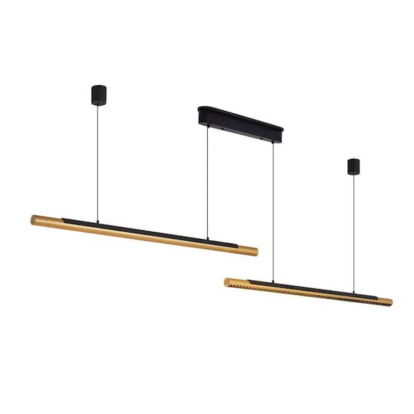 75 in. 2-light Black and Gold Wooden LED Chandelier Pendant Light with Remote Control, Adjustable Hanging Light