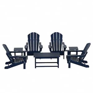 Laguna 7-Piece Fade Resistant Outdoor Patio HDPE Poly Plastic Folding Adirondack Chair Conversation Set in Navy Blue