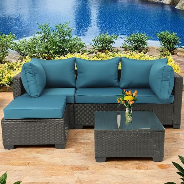 Zeus & Ruta 5-Piece Black Wicker Outdoor Sectional Set with Blue Cushions and Glass Coffee Table for Patio Backyard