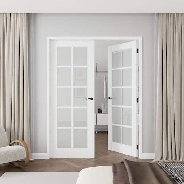 Assembly Required 60 in. x 80 in. Universal Handed 3-Lite Frosted Glass White MDF Double French Door Kit w/Separate Jamb