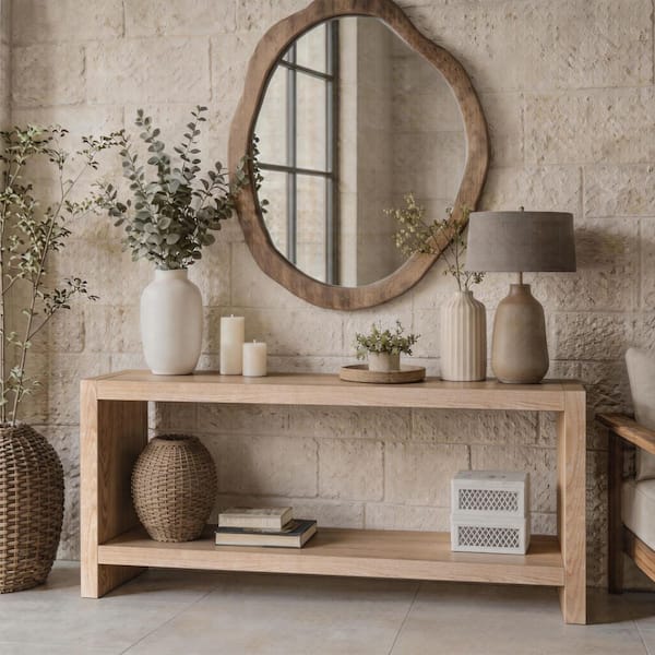 Attlee 62.99 in. Natural Rectangle Large Farmhouse Wood Console Table, 2-Tier Rustic Entryway Table