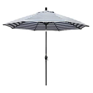 9 ft. Aluminum Market Push Tilt - Matte Black Patio Umbrella in Navy White Cabana Stripe Olefin