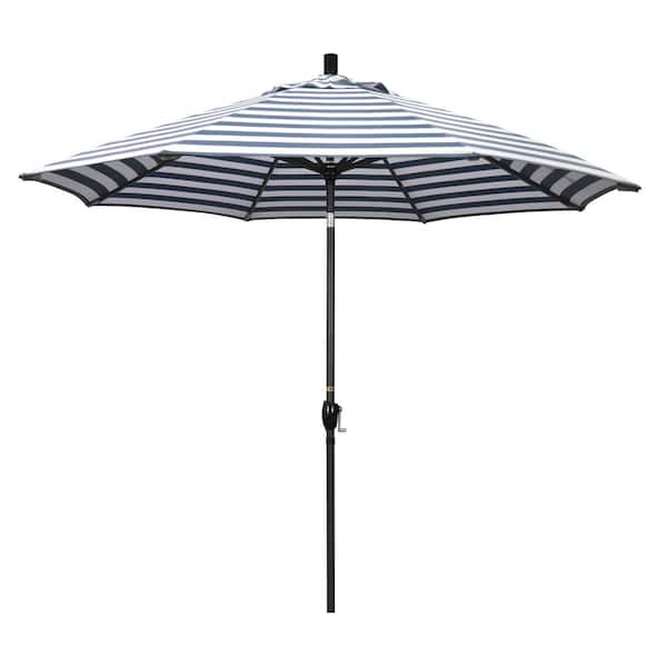 California Umbrella 9 ft. Aluminum Market Push Tilt - Matte Black Patio Umbrella in Navy White Cabana Stripe Olefin