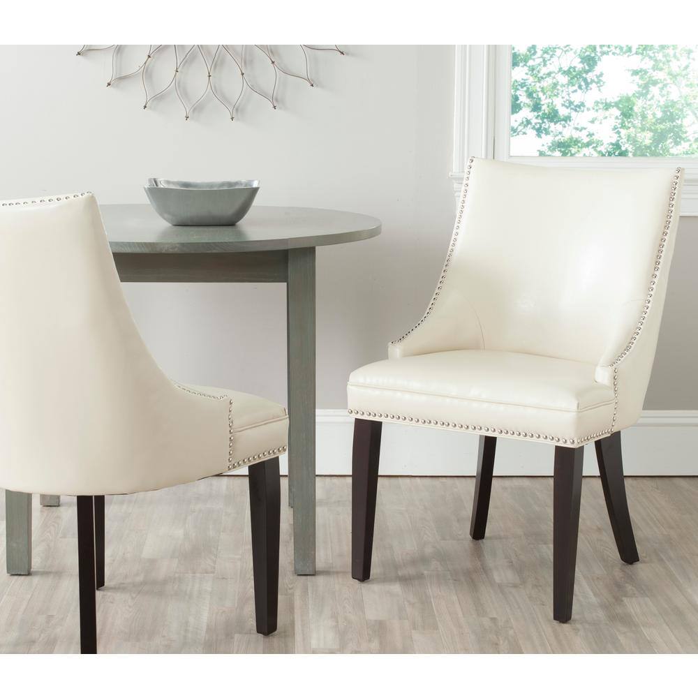 Flat Cream Leather Upholstered Parsons Side Chair with Nickel Trim