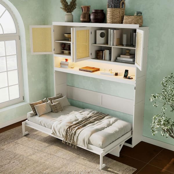 White Wood Frame Twin Size Murphy Bed with Desk, Open Shelf, Rattan-Style Cabinet, USB Charging Ports, LED Lighting