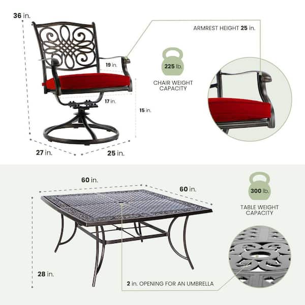Traditions 9-Piece Aluminum Outdoor Dining Set with Swivel Rockers with Red Cushions