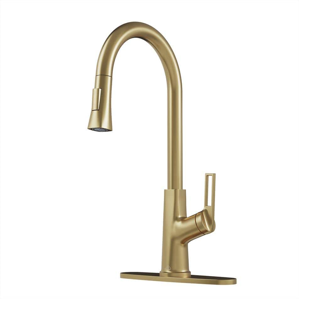 Boyel Living 2-Spray Patterns Single Handle Pull Down Sprayer Kitchen Faucet with Deckplate and Water Supply Hoses in Brushed Gold