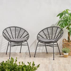 Jefferson Black Faux Rattan Outdoor Dining Chairs with Dark Grey Cushions (2-Pack)