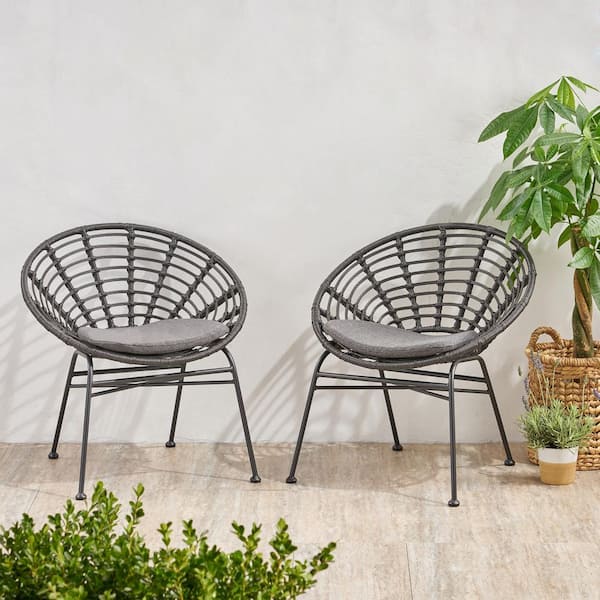 Noble House Jefferson Black Faux Rattan Outdoor Patio Dining Chairs with Dark Grey Cushions (2-Pack)
