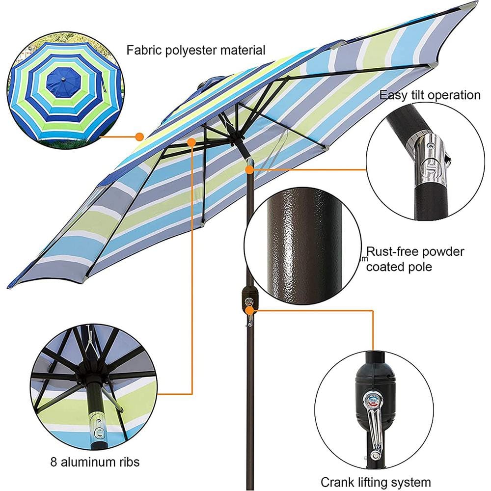 9 ft. Blue and Green Striped Outdoor Patio Umbrella with Tilt and Crank