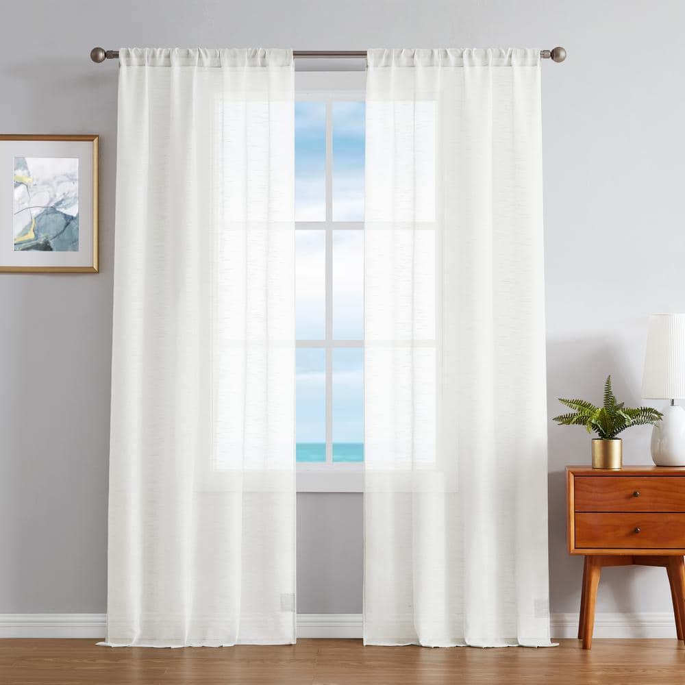 Nautica Erasmus White Faux Linen 38 in. W x 84 in. L Rod Pocket Sheer ...