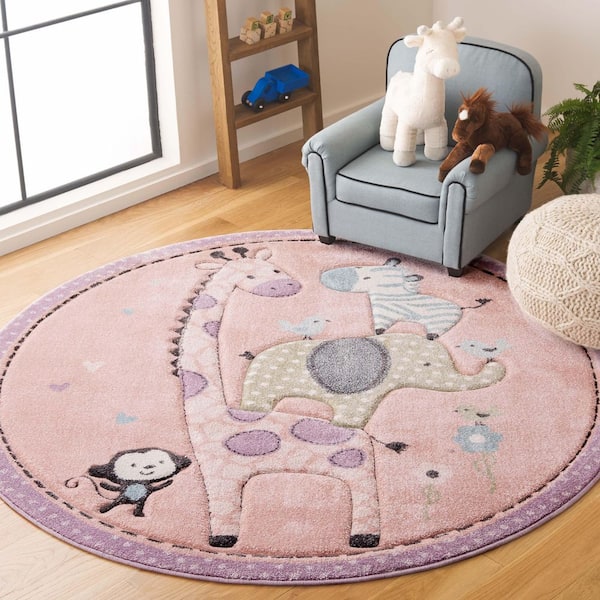 Carousel Kids 5 ft. x 5 ft. Blush Pink Animal Print Round Rug