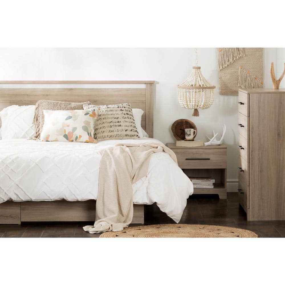 Queen Rustic Oak Platform Bed with Storage Drawer