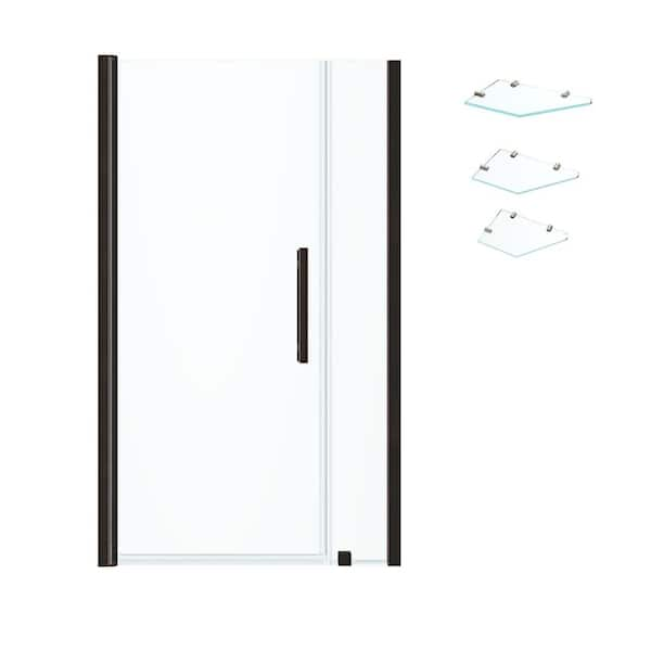 Pasadena 35-3/4 in. W x 72 in. H Pivot Frameless Shower Door in Oil Rubbed Bronze with Shelves