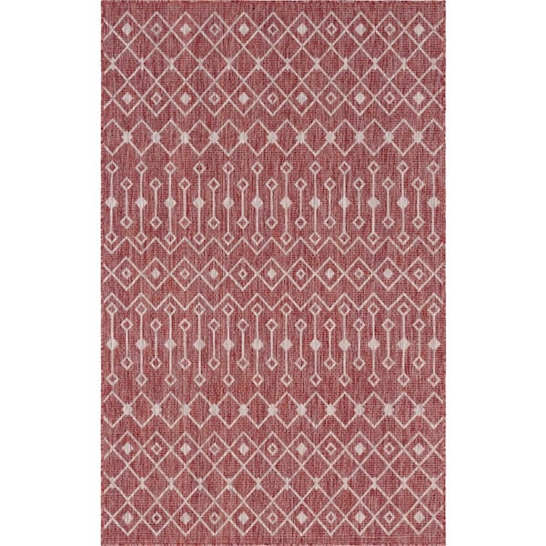 Unique Loom Rust Red/Gray Tribal Trellis Outdoor 4 ft. x 6 ft. Area Rug