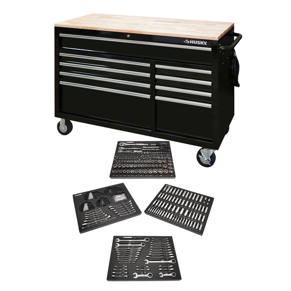 52 in. W x 25 in. D 9-Drawer Gloss Black Mobile Workbench Tool Chest with Mechanics Tool Set in Foam (320-Piece) -  Husky, H320EVA52WBKCB