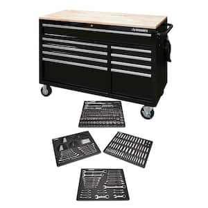 52 in. W x 25 in. D 9-Drawer Gloss Black Mobile Workbench Tool Chest with Mechanics Tool Set in Foam (320-Piece)