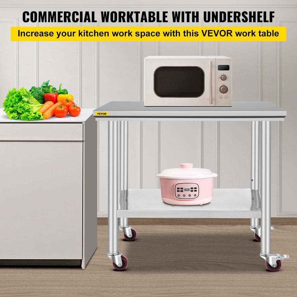 36-Inch Stainless Steel Kitchen Prep Table with Undershelf and Casters