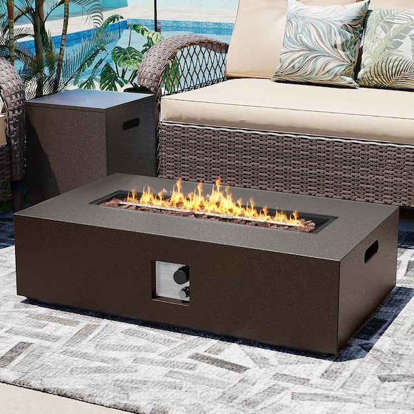 PATIO WATCHER 42 in. Rectangular Iron Outdoor Fire Pit Table with Tank Cover and Rain Cover in Brown