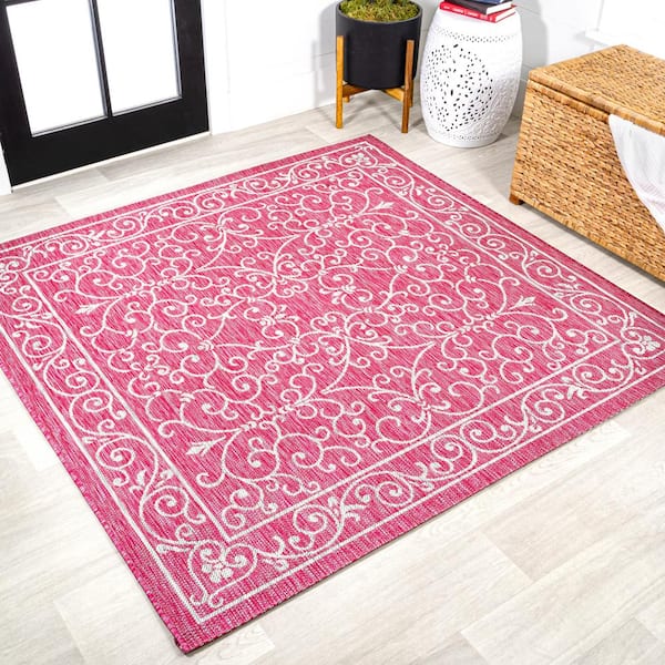 JONATHAN Y Charleston Vintage Filigree Textured Weave Fuchsia/Light Gray 5 ft. Square Indoor/Outdoor Area Rug