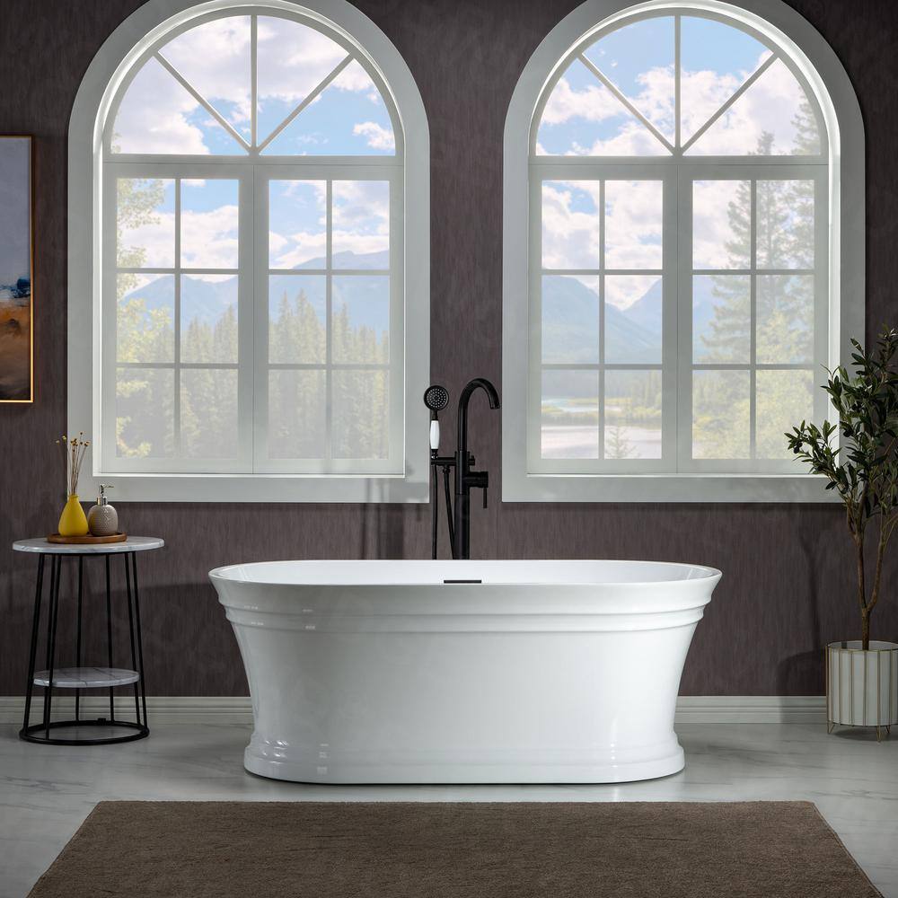 67" White Acrylic Freestanding Soaking Bathtub with Matte Black Trim