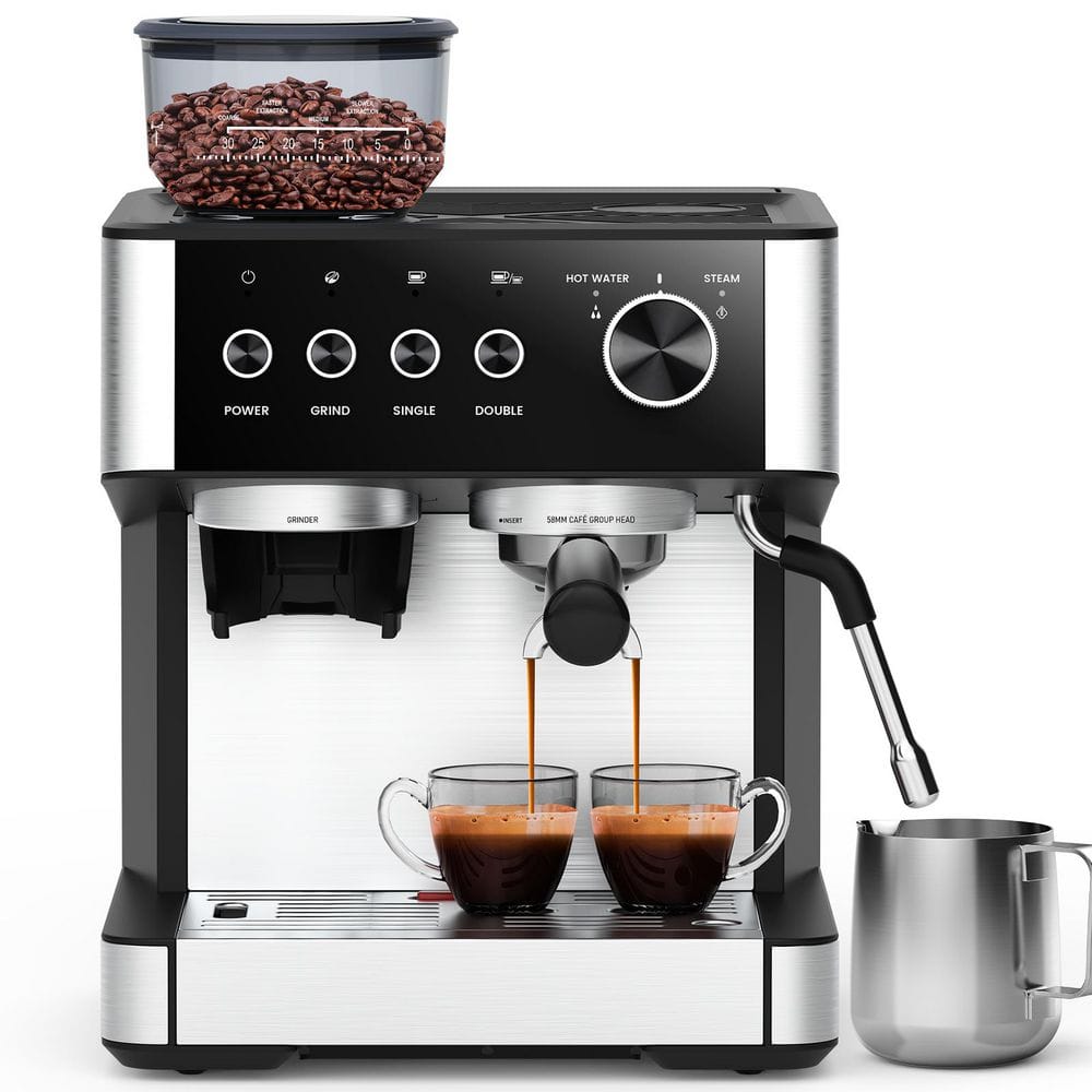 2 Cup Semi-Automatic 15-Bar Espresso Machine with Built-In Grinder & Milk Frother Coffee Maker in Stainless Steel Silver