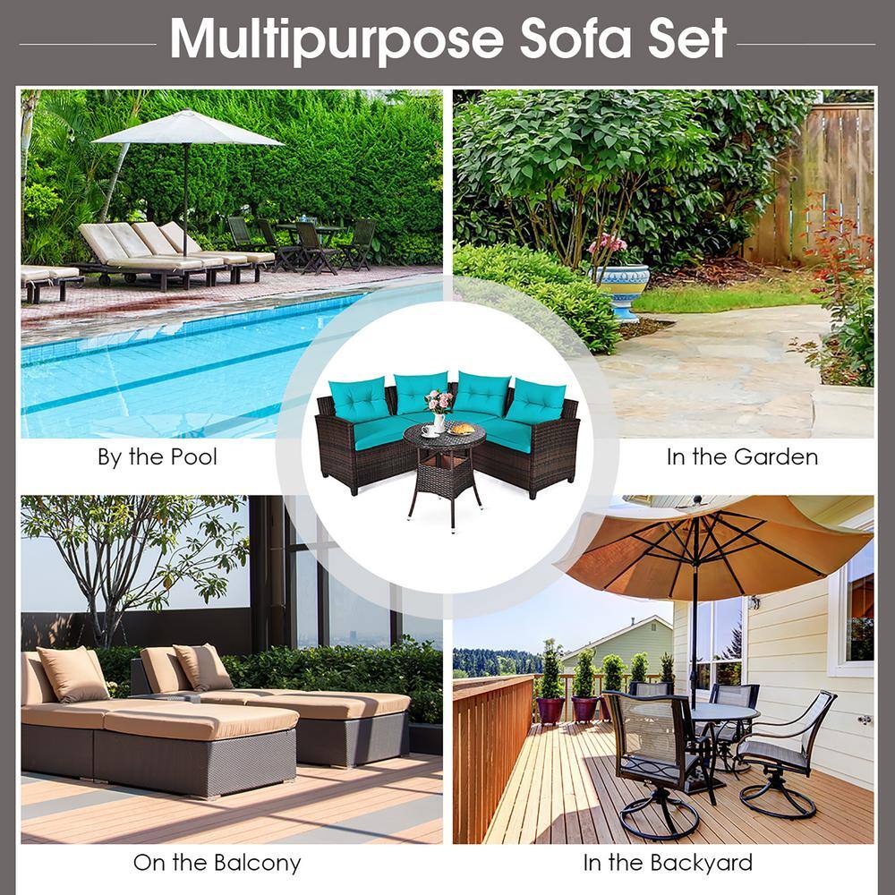 Turquoise Cushioned Rattan Outdoor Furniture Set with Glass Table