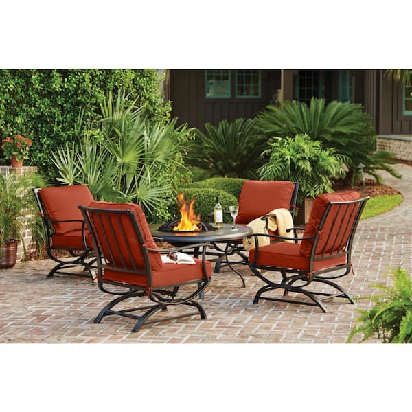 Hampton Bay Redwood Valley Black 5-Piece Steel Outdoor Patio Fire Pit Seating Set with CushionGuard Quarry Red Cushions