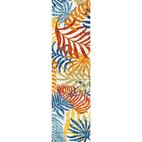 Tropics Palm Leaves Cream/Orange Indoor/Outdoor 2 ft. x 8 ft. Runner Rug