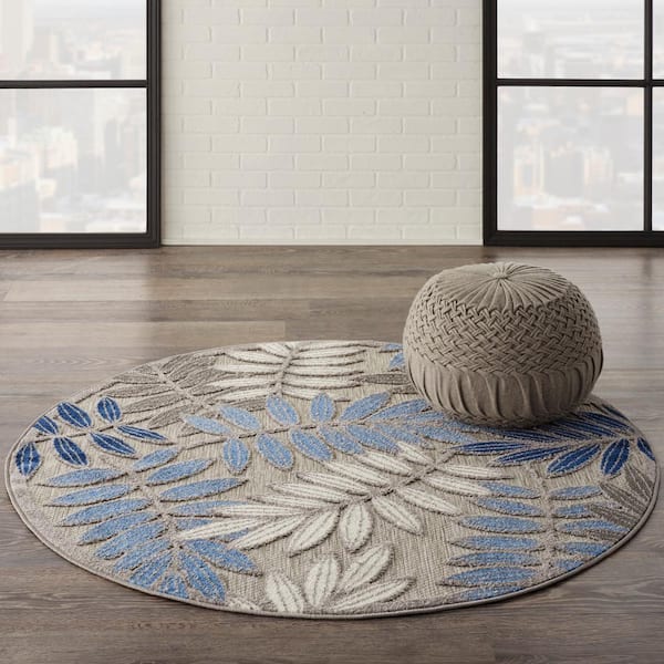 Aloha Gray/Blue 4 ft. x 4 ft. Round Floral Contemporary Indoor/Outdoor Patio Area Rug